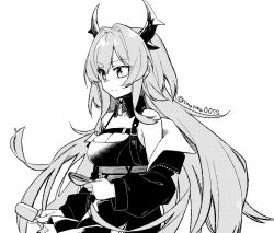 Rule 34 | 1girl, arknights, breasts, cleavage, collar, demon horns, detached collar, dress, food, greyscale, hair intakes, holding, horns, jacket, large breasts, long hair, looking to the side, monochrome, off shoulder, open clothes, open jacket, popsicle, simple background, solo, surtr (arknights), upper body, v-shaped eyebrows, very long hair, white background, yom (ymayma00ss)