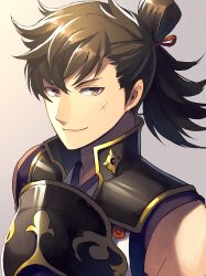 1boy armor brown_eyes brown_hair fire_emblem fire_emblem_fates grey_background hinata_(fire_emblem) male_focus nintendo oruta_(granmog) ponytail scar solo