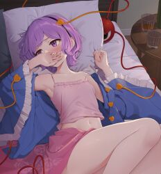 Rule 34 | 1girl, alcohol, armpits, blue jacket, blush, cup, drinking glass, embarrassed, floral print, highres, jacket, kanpa (campagne 9), komeiji satori, on bed, pillow, pink skirt, pink tank top, purple eyes, purple hair, shot glass, skirt, solo, stomach, tank top, thighs, touhou
