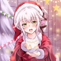 Rule 34 | 10s, 1girl, alternate costume, blurry, blurry background, blush, capelet, christmas ornaments, christmas tree, coat, food, foreshortening, green eyes, hair flaps, hat, heart, kantai collection, long hair, long sleeves, looking at viewer, open mouth, pink hair, ponytail, red coat, santa costume, santa hat, solo, tsukineko, yura (kancolle)