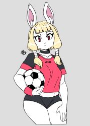 Rule 34 | 1girl, 2020, animal ears, black shirt, blonde hair, breasts, eyebrows, furry, furry female, hand on own thigh, highres, looking at viewer, medium breasts, medium hair, multicolored shirt, original, rabbit ears, rabbit girl, red eyes, red shirt, shirt, short sleeves, solo, taggo, twintails