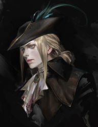 Rule 34 | 1girl, ascot, black background, blonde hair, blood, blood on clothes, bloodborne, blue eyes, brooch, hat, hat feather, highres, ikeda masateru, jewelry, lady maria of the astral clocktower, low tied hair, sidelocks, tricorne