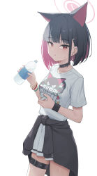 Rule 34 | 1girl, afe., animal ears, belt, black belt, black choker, black hair, black jacket, blue archive, blush, bottle, breasts, cat ears, choker, clothes around waist, collarbone, colored inner hair, cowboy shot, extra ears, hair ornament, hairclip, halo, highres, holding, holding bottle, jacket, jacket around waist, kazusa (band) (blue archive), kazusa (blue archive), looking at viewer, medium breasts, multicolored hair, official alternate costume, parted lips, pink hair, pink halo, pleated skirt, red eyes, shirt, short hair, short sleeves, simple background, skirt, solo, thigh belt, thigh strap, water bottle, white background, white shirt, white skirt