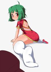 Rule 34 | ahoge, arm support, ass, china dress, chinese clothes, comcom, dress, fang, feet, foot focus, foreshortening, green hair, highres, kneehighs, leaning forward, macross, macross frontier, o3o, on floor, perspective, plantar flexion, ranka lee, red eyes, shoes, short hair, single shoe, sitting, socks, solo, wariza