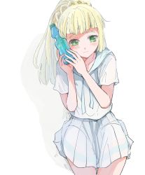 Rule 34 | 1girl, atsumi yoshioka, blonde hair, blunt bangs, blush, bottle, braid, closed mouth, commentary request, creatures (company), french braid, game freak, green eyes, hands up, high ponytail, holding, holding bottle, lillie (pokemon), long hair, nintendo, pleated skirt, pokemon, pokemon sm, shirt, short sleeves, skirt, solo, water bottle, white shirt, white skirt