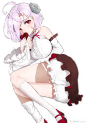 Rule 34 | 1girl, absurdres, ahoge, azur lane, bare shoulders, blush, bolt, breasts, candy, chocolate, chocolate heart, detached sleeves, food, heart, highres, himono, large breasts, looking at viewer, lying, mary janes, on side, pink hair, red eyes, shirt, shoes, short hair, simple background, skirt, sleeves past wrists, smile, solo, stitches, terror (azur lane), thighs, valentine, white background, white shirt