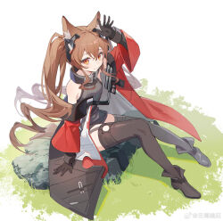 Rule 34 | 1girl, angelina (arknights), angelina (endfield) (arknights), animal ear fluff, animal ears, arknights, arknights: endfield, arm up, bare shoulders, belt, black collar, black dress, black footwear, black gloves, black thighhighs, brown hair, chinese commentary, chromatic aberration, closed mouth, coat, collar, commentary request, diamond-shaped pupils, diamond (shape), dress, drill hair, fox ears, fox girl, full body, gloves, headgear, high belt, highres, long hair, long sleeves, looking at viewer, on grass, open clothes, open coat, orange eyes, red coat, rock, simple background, sitting, sitting on rock, sleeveless, sleeveless dress, smile, solo, symbol-shaped pupils, thighhighs, twintails, weibo watermark, white background, wide sleeves, yunweishukuang