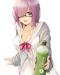 Rule 34 | bad id, bad pixiv id, black-framed eyewear, bottle, breasts, cleavage, cowboy shot, fate/grand order, fate (series), green tea, has bad revision, has downscaled revision, holding, holding bottle, hood, hoodie, koretsuki azuma, large breasts, leaning forward, mash kyrielight, mash kyrielight (swimsuit of perpetual summer), md5 mismatch, official alternate costume, open clothes, open hoodie, open mouth, purple eyes, purple hair, resolution mismatch, smile, solo, source smaller, tea