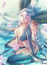 Rule 34 | 1girl, absurdres, blue hair, breasts, fate/grand order, fate/grand order arcade, fate (series), flower, green horns, hair on horn, highres, holding, holding flower, horns, large breasts, large horns, long hair, long horns, looking at viewer, non-web source, ocean, official art, petals, pointy ears, smile, stomach tattoo, tail, tattoo, tiamat (fate), white background, yamanaka kotetsu