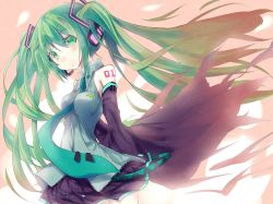 Rule 34 | 1girl, boots, detached sleeves, floating hair, green eyes, green hair, hatsune miku, headset, hizaka, long hair, matching hair/eyes, necktie, skirt, solo, thigh boots, thighhighs, twintails, very long hair, vocaloid