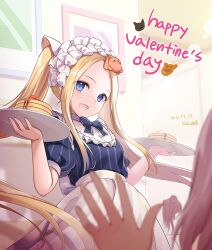 Rule 34 | 3girls, :d, abigail williams (heart of cooking) (fate), abigail williams (fate), apron, blonde hair, blue eyes, blue shirt, breasts, brown hair, commentary request, dated, double bun, fate/grand order, fate (series), food, forehead, frills, fruit, hair bun, happy valentine, holding, holding plate, indoors, kuzumochi (kuzumochiya), long hair, multiple girls, open mouth, pancake, pancake stack, parted bangs, plate, puffy short sleeves, puffy sleeves, shirt, short sleeves, signature, small breasts, smile, solo focus, strawberry, striped clothes, striped shirt, stuffed animal, stuffed toy, teddy bear, twintails, vertical-striped clothes, vertical-striped shirt, very long hair, waist apron, white apron