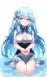 Rule 34 | 1girl, absurdres, ahoge, blue hair, blush, breasts, flower, hair flower, hair ornament, highres, hololive, kabedoru, large breasts, long hair, looking at viewer, open mouth, pointy ears, simple background, sitting, sleeveless, solo, very long hair, virtual youtuber, wariza, water, wet, wet clothes, white background, yellow eyes, yukihana lamy