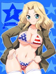 Rule 34 | &gt;:), 10s, 1girl, american flag bikini, bikini, bikini under clothes, blonde hair, blue eyes, blush, bomber jacket, breasts, emblem, english text, flag print, girls und panzer, hands on own hips, hip focus, jacket, kay (girls und panzer), large breasts, long hair, looking at viewer, navel, open clothes, open jacket, print bikini, smile, solo, standing, star (symbol), swimsuit, tanuki yousuke, thighhighs, thighs, v-shaped eyebrows, white thighhighs