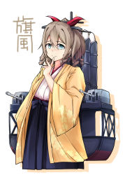 Rule 34 | 10s, 1girl, blue eyes, bow, brown hair, character name, cowboy shot, drill hair, drill sidelocks, drop shadow, finger to mouth, hair ornament, hakama, hakama skirt, hand up, hatakaze (kancolle), highres, japanese clothes, kantai collection, kimono, light smile, looking at viewer, meiji schoolgirl uniform, otaku heishi, red bow, rigging, sidelocks, simple background, skirt, solo, torpedo tubes, turret, white background