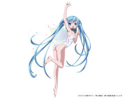Rule 34 | 1girl, 2010, arm up, armpits, artist request, ass, barefoot, bent over, blue eyes, blue hair, blush, breasts, chain, choker, clothes pull, collar, competition swimsuit, copyright name, curvy, feet, female focus, full body, hair between eyes, hand up, holding, japanese text, long hair, looking at viewer, looking away, looking back, nymph (sora no otoshimono), one-piece swimsuit, one-piece swimsuit pull, open mouth, pulling, robot ears, school swimsuit, shiny skin, simple background, single, small breasts, smile, solo, sora no otoshimono, standing, standing on one leg, swimsuit, thighhighs, translation request, twintails, very long hair, white background, white one-piece swimsuit, white school swimsuit, wings