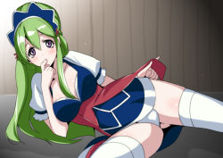 Rule 34 | 1futa, bad id, bad pixiv id, bow, breasts, bulge, cleavage, clothes lift, dress, dress lift, finger in own mouth, futanari, green hair, hair between eyes, hair bow, heart, indoors, ixion saga, large breasts, long hair, lying, mariandale, newhalf, on side, panties, purple eyes, saikawa yusa, solo, spread legs, thighhighs, underwear, white panties, white thighhighs
