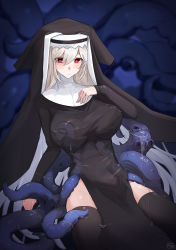 Rule 34 | 1girl, absurdres, arknights, black dress, black thighhighs, breasts, dress, expressionless, habit, hair between eyes, hand on own chest, highres, large breasts, long hair, niaogao, no panties, nun, red eyes, silver hair, sitting, sleeves past wrists, solo, specter (arknights), suggestive fluid, tentacles, tentacles under clothes, thighhighs, very long hair, wariza