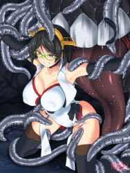 Rule 34 | 1girl, abyssal ship, adapted costume, ass, black gloves, black hair, black thighhighs, bodysuit, breasts, clenched teeth, elbow gloves, enemy naval mine (kancolle), glasses, gloves, green-framed eyewear, grey eyes, hairband, headgear, highres, impossible bodysuit, impossible clothes, kantai collection, kirishima (kancolle), kirishima kai ni (kancolle), koutarou (plusdrive), large breasts, leotard lift, purple bodysuit, restrained, short hair, skin tight, taimanin suit, teeth, tentacles, thighhighs, tongue