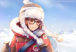 Rule 34 | 1girl, beanie, black-framed eyewear, blue sky, boots, brown eyes, brown hair, canister, coat, day, emblem, fur-trimmed boots, fur-trimmed jacket, fur trim, glasses, hat, holding, jacket, kaoruru (sakuno2911), light smile, looking to the side, mei (overwatch), official alternate costume, outdoors, overwatch, overwatch 1, robot, signature, sky, snow, snowball (overwatch), solo, upper body, watermark, web address, winter clothes, winter coat