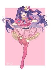 Rule 34 | 1girl, absurdres, boots, commentary, dress, frilled gloves, frills, full body, gloves, hair ornament, heart, heart hands, highres, hoshino ai (oshi no ko), idol, idol clothes, leg up, mochizuki inochi, open mouth, oshi no ko, pink dress, pink footwear, pink gloves, pink ribbon, purple eyes, purple hair, rabbit hair ornament, ribbon, signature, solo, star-shaped pupils, star (symbol), star hair ornament, star in eye, symbol-shaped pupils, symbol in eye, teeth, thigh boots, turtleneck, turtleneck dress, upper teeth only