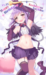 Rule 34 | 10s, 1girl, :3, :d, bdsm, black wings, brown eyes, chain, character name, chocho (homelessfox), cleavage cutout, clothing cutout, collar, cuffs, dated, garter straps, hair ornament, hairclip, happy birthday, heart, heart cutout, heart-shaped pillow, idolmaster, idolmaster cinderella girls, koshimizu sachiko, looking at viewer, microphone, open mouth, pillow, pinstripe pattern, purple hair, short hair, single thighhigh, smile, solo, striped, thighhighs, wings
