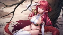 Rule 34 | breasts, bridal gauntlets, cloak, highres, horns, navel, open mouth, pointy ears, red eyes, red hair, remriel, sigma 2018, solo, tail, thighhighs, tree, wish (momentum games)