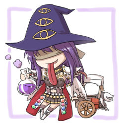 Rule 34 | 1girl, armor, blindfold, boots, bottle, breasts, brown skirt, brown thighhighs, chibi, commentary request, creature, eye print, flask, full body, genetic (ragnarok online), hat, hodremlin, holding, holding bottle, living clothes, long hair, medium breasts, midriff, miniskirt, natsuya (kuttuki), open mouth, pauldrons, potion, pullcart, purple hair, purple headwear, ragnarok online, round-bottom flask, shoulder armor, skirt, smile, standing, teeth, thighhighs, tongue, tongue out, vambraces, white background, white footwear, witch hat