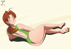 Rule 34 | 1girl, arekusanderu, ass, ass focus, back, brown hair, creatures (company), delia ketchum, feet, female focus, full body, game freak, green one-piece swimsuit, legs, looking at viewer, looking back, lying, mature female, nintendo, one-piece swimsuit, pokemon, pokemon (anime), pokemon (classic anime), pokemon ep018, ponytail, sand, swimsuit, wide hips
