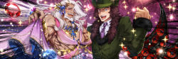 Rule 34 | 2boys, arm around back, armlet, artist name, bare shoulders, beard, black eyes, blue gemstone, blush, bracelet, brown hair, clenched hand, clothes lift, cluseller, collared shirt, commission, crystal, dark-skinned male, dark skin, emphasis lines, facial hair, fangs, fate/grand order, fate (series), floral print, fur-trimmed jacket, fur-trimmed sleeves, fur trim, gem, green headwear, green jacket, hair ornament, half-closed eyes, hand up, happy, hat, jacket, japanese text, jewelry, lev lainur flauros, lifted by self, light blush, long hair, long sleeves, looking at viewer, male focus, multiple boys, muscular, mustache, nail polish, necklace, necktie, o-ring, open mouth, original, pectorals, pink eyes, pink nails, pink skirt, purple background, purple gemstone, purple neckwear, red gemstone, revealing clothes, ring, sample watermark, see-through, sharp teeth, shiny skin, shirt, skirt, skirt lift, smile, sparkle, teeth, tongue, top hat, translation request, two-sided fabric, upper body, watermark, white hair, white shirt