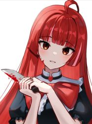 Rule 34 | 1girl, blood, blood on face, blush, corniecorny, highres, holding, holding knife, hololive, hololive indonesia, knife, kureiji ollie, long hair, looking at viewer, olivia (kureiji ollie), open mouth, red eyes, smile, virtual youtuber