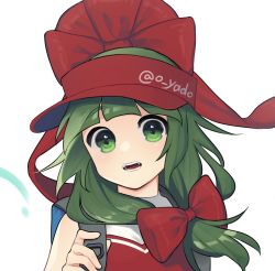 Rule 34 | 1girl, adapted costume, bare shoulders, black legwear, blunt bangs, bow, commentary request, front ponytail, green eyes, green hair, hair bow, highres, kagiyama hina, long hair, looking at viewer, open mouth, red bow, red headwear, red shirt, shirt, simple background, solo, teeth, touhou, upper body, visor, yadoyuki