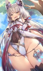 Rule 34 | 1girl, animal ears, bare shoulders, blush, breasts, cat ears, detached sleeves, embarrassed, highres, leotard, long hair, long sleeves, nia (blade) (xenoblade), nia (xenoblade), nintendo, open mouth, thick thighs, thighs, topia, twintails, xenoblade chronicles (series), xenoblade chronicles 2