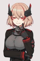 Rule 34 | 1girl, aiguillette, azur lane, black jacket, blonde hair, breasts, button gap, collared shirt, dress shirt, epaulettes, evil grin, evil smile, grey shirt, grin, hair between eyes, headgear, highres, jacket, large breasts, long sleeves, looking at viewer, military jacket, multicolored hair, parted lips, red eyes, red hair, reiji-rj, roon (azur lane), shirt, short hair, smile, solo, streaked hair, underbust, upper body