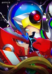 Rule 34 | 2boys, android, angry, armor, blonde hair, blue eyes, capcom, clenched teeth, gloves, green eyes, helmet, highres, long hair, male focus, mega man (series), mega man x2, mega man x (series), multiple boys, no-rishio, open mouth, power armor, red gloves, second armor x (mega man), serious, teeth, x (mega man), zero (mega man)