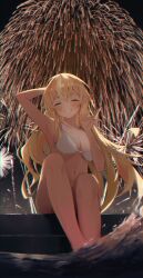 Rule 34 | 1girl, absurdres, aerial fireworks, arm behind head, arm up, armpits, bikini, blonde hair, blush, breasts, cleavage, closed eyes, dark-skinned female, dark skin, elf, facing viewer, fireworks, hand up, highres, hololive, large breasts, long hair, looking at viewer, medium breasts, multicolored hair, navel, nel dcm, night, night sky, outdoors, parted lips, pointy ears, shiranui flare, shore, sitting, sitting on stairs, sky, soaking feet, solo, stairs, streaked hair, swimsuit, teeth, virtual youtuber, water, white bikini, white hair