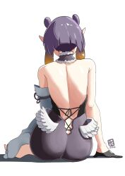 Rule 34 | 1girl, ass, automatic giraffe, back, back focus, backless dress, backless outfit, black dress, commentary, dress, english commentary, full body, gloves, highres, hololive, hololive english, ninomae ina&#039;nis, ninomae ina&#039;nis (1st costume), pointy ears, purple hair, short hair, simple background, sitting, solo, strapless, strapless dress, tube dress, virtual youtuber, watermark, white background