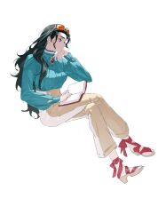 Rule 34 | 1girl, black hair, blue eyes, blue shirt, book, commentary request, crossed legs, eyewear on head, hand on own cheek, hand on own face, high-waist pants, high heels, highres, holding, holding book, invisible chair, long hair, molymes, nico robin, one piece, pants, profile, shirt, sidelocks, simple background, sitting, solo, white background