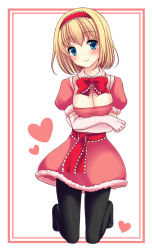 Rule 34 | 1girl, alice margatroid, bad id, bad pixiv id, black pantyhose, blonde hair, blue eyes, blush, border, bow, bowtie, breasts, cleavage, crossed arms, detached collar, female focus, hairband, heart, kneeling, looking at viewer, pantyhose, puffy sleeves, santa costume, shirt, short hair, smile, solo, tareme, taut clothes, taut shirt, tottoto tomekichi, touhou