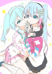 Rule 34 | 2girls, aqua eyes, aqua hair, argyle, argyle clothes, argyle sleeves, blue eyes, blue hair, blunt bangs, casual, cheek-to-cheek, colored tips, commentary, corrupted twitter file, dual persona, floral print, hair ornament, hairband, hairclip, hand on another&#039;s shoulder, hatsune miku, heads together, highres, kneehighs, long hair, magical mirai (vocaloid), magical mirai miku, magical mirai miku (2020 summer), magical mirai miku (2020 winter), miniskirt, multicolored hair, multiple girls, neckerchief, one eye closed, pink hair, pink skirt, pleated skirt, purple neckerchief, shirt, sitting, sitting on person, sketch, skirt, smile, socks, tororo51681849, twintails, very long hair, vocaloid, white shirt, white socks