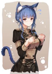 Rule 34 | 1girl, animal ear fluff, animal ears, blue hair, blunt bangs, blush, braid, breasts, brown background, brown eyes, buttons, cat ears, cat girl, closed mouth, commentary request, cowboy shot, crown braid, double-breasted, fire emblem, fire emblem: three houses, flying sweatdrops, frown, garreg mach monastery uniform, highres, kemonomimi mode, large breasts, long sleeves, looking at viewer, marianne von edmund, nintendo, paw pose, paw print, paw print background, school uniform, se-u-ra, short hair, solo