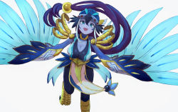 Rule 34 | 1girl, :d, armor, beads, blue eyes, blue feathers, blue skin, breasts, cleavage, colored skin, duel monster, feathers, floating hair, foot out of frame, hair beads, hair ornament, harpy, hat, ishii (young-moon), large breasts, long hair, lyrilusc - ensemblue robin, monster girl, open mouth, shoulder armor, simple background, smile, solo, very long hair, white background, winged arms, wings, yu-gi-oh!