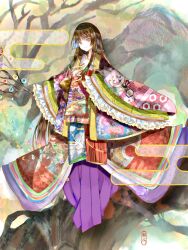 Rule 34 | 1girl, airis0327, bare tree, branch, brown hair, dot nose, dress, floral background, frills, highres, hime cut, holding, houraisan kaguya, japanese clothes, jeweled branch of hourai, kimono, long hair, long sleeves, looking at viewer, multicolored clothes, multicolored dress, multicolored hair, smile, solo, standing, touhou, tree, very long hair, wide sleeves, yellow eyes