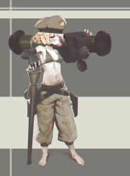 Rule 34 | 1girl, barefoot, belt, bikini, bikini top only, blonde hair, blush, breasts, blowing bubbles, chewing gum, feet, female focus, fgm-148 javelin, hat, high-explosive anti-tank (warhead), highres, holster, man-portable anti-tank systems, military, military hat, military uniform, missile launcher, navel, oldie1515, original, over shoulder, pants, panzerfaust, precision-guided firearm, recoilless gun, rocket launcher, short hair, small breasts, solo, standing, swimsuit, uniform, weapon, weapon over shoulder