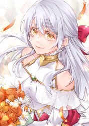 Rule 34 | 1girl, bare shoulders, blue scarf, bouquet, bow, bride, closed mouth, detached sleeves, dress, ebi puri (ebi-ebi), feathers, fire emblem, fire emblem: radiant dawn, fire emblem heroes, flower, grey hair, hair bow, half updo, holding, holding bouquet, long hair, long sleeves, micaiah (bridal) (fire emblem), micaiah (fire emblem), nintendo, official alternate costume, scarf, simple background, smile, solo, upper body, wedding dress, white background, white dress, yellow eyes