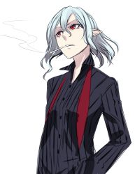 Rule 34 | 1girl, alternate costume, black shirt, blue hair, cigarette, commentary request, contemporary, dress shirt, highres, long sleeves, looking away, no headwear, no headwear, aged up, pointy ears, red eyes, remilia scarlet, ribbed shirt, shirt, short hair, shukusuri, smoking, solo, touhou, upper body