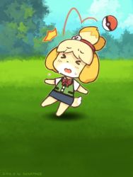 Rule 34 | &gt; &lt;, 10s, 1girl, ^^^, animal crossing, animal ears, artist name, bell, blonde hair, blue sky, blush, closed eyes, cloud, cloudy sky, creatures (company), dated, day, dog ears, dog girl, dog tail, forest, furry, furry female, game freak, gameplay mechanics, hair ornament, isabelle (animal crossing), nature, nintendo, open mouth, outdoors, pain, pokemon, pokemon go, shigatake, skirt, sky, solo, tail, throwing, topknot, tree