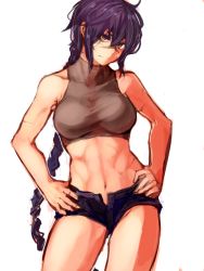 Rule 34 | 1girl, abs, bare arms, bare shoulders, braid, breasts, closed mouth, contrapposto, grey shirt, komota (kanyou shoujo), large breasts, long hair, looking at viewer, navel, original, purple hair, purple shorts, shirt, short shorts, shorts, simple background, solo, very long hair, white background, yellow eyes