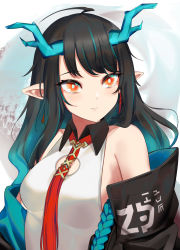 Rule 34 | 1girl, ahoge, aqua hair, arknights, bare shoulders, black coat, black hair, breasts, cleavage cutout, closed mouth, clothing cutout, coat, collared dress, dragon horns, dress, dusk (arknights), earrings, highres, horns, jewelry, long hair, looking at viewer, medium breasts, multicolored hair, necktie, off shoulder, open clothes, open coat, pointy ears, red eyes, sidelocks, sleeveless, sleeveless dress, solo, two-tone hair, upper body, wakamepiza, white dress
