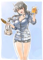 Rule 34 | 1girl, alcohol, alternate costume, ashigara (kancolle), bag, beer, beer mug, black eyes, black hair, black shorts, blue jacket, breasts, cleavage, collarbone, commentary request, corn, corn cob, cup, fang, foam, food, hair between eyes, hairband, highres, holding, holding bag, holding cup, holding food, jacket, kantai collection, large breasts, long hair, mug, one eye closed, open mouth, short shorts, shorts, simple background, solo, suzumaru, white hairband