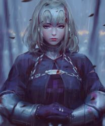 Rule 34 | 1girl, arm guards, armor, black gloves, blonde hair, blood, blood on clothes, blurry, blurry background, breasts, chain, closed mouth, collar, cross, fate/apocrypha, fate/grand order, fate (series), gloves, guweiz, headpiece, ilya kuvshinov (style), jeanne d&#039;arc alter (fate), jeanne d&#039;arc (fate), jeanne d&#039;arc (ruler) (fate), jewelry, looking at viewer, own hands together, pink lips, portrait, purple eyes, rain, realistic, ring, serious, short hair, solo, torn clothes, upper body, water, yellow eyes